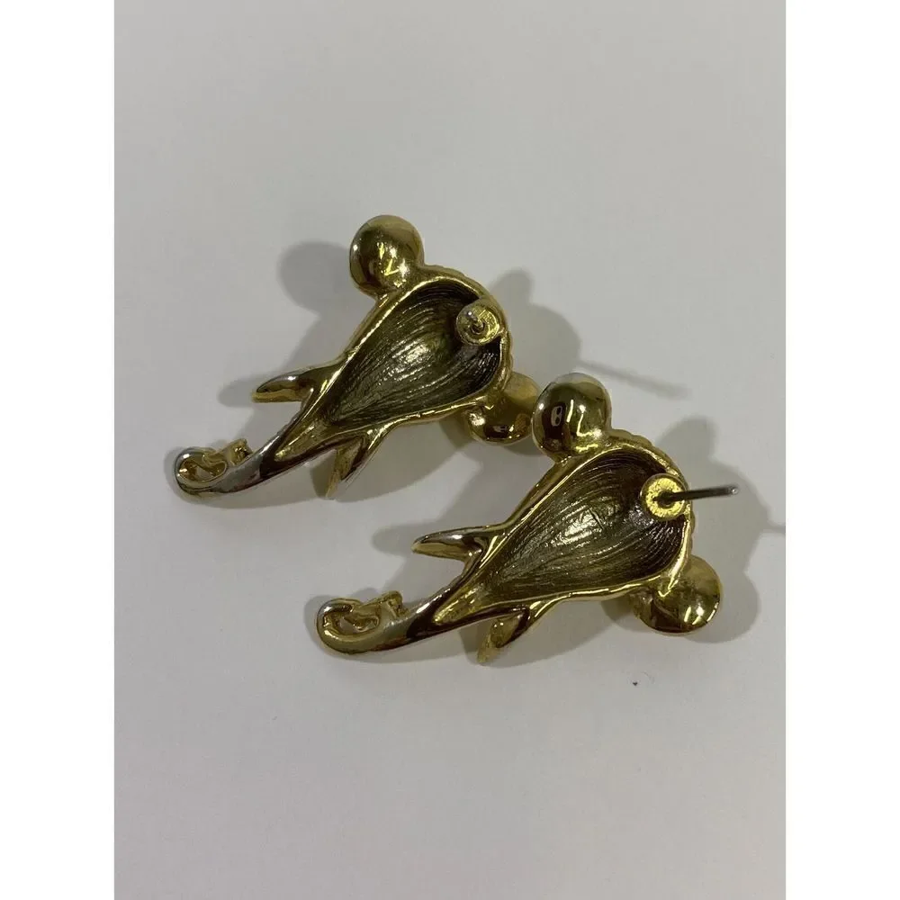 Vintage Elephant Pierced Earrings Rhinestone Gold Faux Emerald Eyes‎